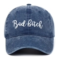 Detail of blue washed denim baseball cap with white Bad Bitch embroidery and stitching - Navy Blue