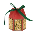 Caja de regalo navideña hexagonal roja con motivos florales amarillos y lazo de cinta verde - Yurta mongola roja - fondo amarillo