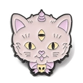 Unique three-eyed unicorn cat enamel pin with a pink bow and yellow skull charm - Three Eyed Pink Cat