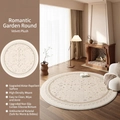 Cream round rug with floral border made of premium waterproof and non-slip velvet fabric - Diameter 80cm / Romantic Garden