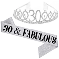 Silver 30 and Fabulous birthday set with crystal tiara and glitter sash for 30th party - Silver 30 & Fabulous Set