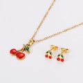 Golden stainless steel cherry jewelry set including necklace and earrings with red enamel - Gold