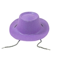 Close-up of purple glitter party hat with black and white striped cord for parties - One Size / Purple