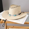 Detail of western straw cowboy hat with turquoise band and adjustable wind rope - Milky White