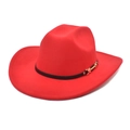 Detailed close-up of a red wool fedora hat featuring a black leather band and gold buckle - M (56-58cm) / Red