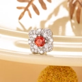 Titanium steel flower ear stud featuring a square orange zircon and pavé crystal border - Garnet Red Zirconia (Single Piece)