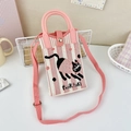 Close-up of pink and white striped knit bag with cartoon cat pattern and button detail - 18-Pink and White Striped Cat-think PINK!