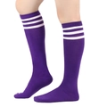 Knee-high purple cotton socks with triple white athletic stripes for women - One Size / Purple/White Stripes