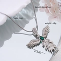 Silver phoenix wing necklace with pear-shaped green gemstone and snake chain details - Silver Feather Wing with Green Zirconia