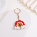 Handmade woven rainbow keychain with red pink yellow cotton cord tassels and gold ring - Brick Red