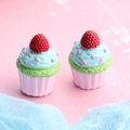 Miniature resin cupcake models with red raspberries and blue frosting for DIY crafts - Large Raspberry Cupcake - Pink Base