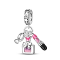 Makroaufnahme von S925 Silber Charms mit rosa Parfümflasche und Lippenstift-Anhängern - Beauty Parfüm Lippenstift Set Stil / Rosa-Lila
