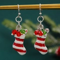 Christmas striped stocking earrings with red and green beads on gold display stand - Stocking Candy Cane (H-131)