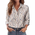Dames blouse met bloemenprint en lange mouwen in beige chiffon met klassieke kraag - S / Regenboog