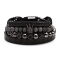 Macro shot of black beaded bracelet set with crown charm and Roman numeral bangle detail - Crown and Roman Numerals Bracelet Combination (Style 2) / Gun Black