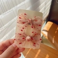 Set of two pink mesh bow hair clips for girls with red floral embroidery on display card - Wine Red Mesh Pair