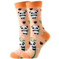 Funny orange crew socks featuring cute panda and paw prints on a white background - Nude Panda