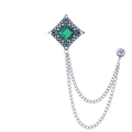 Vintage silver brooch with green gemstone and purple stud connected by twin chains - Green Gem (Antique Silver Base)