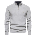 Men's grey quarter-zip ribbed knit sweater with a stand collar and 3D fit profile - Light Gray