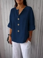 Chemise décontractée femme en coton et lin bleu foncé à col en V avec boutons décoratifs - Boucle Bleu Marine À 3 Boutons N° 8055 / L
