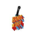 Comic style PVC luggage tag featuring yellow HANDS OFF text with black leather strap - Hands Off Text