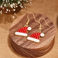 Christmas hat drop earrings with red enamel star patterns and golden hooks on wood - Red Starry Christmas Hat Style (E00904G)
