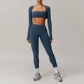 Three-piece slate blue yoga set with high waist leggings and long sleeve crop top - S / Top And Bottom / Navy Blue