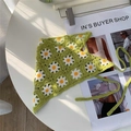 Handmade crochet daisy triangle headscarf in grass green with floral knit details - Grass Green White Daisy