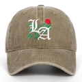 Detailed embroidery of gothic LA letters and red roses on khaki washed cotton cap - Khaki