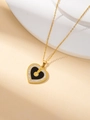 Titanium steel heart pendant necklace in gold with black enamel and white zircon border - Black Shell Necklace