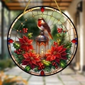 Christmas robin on lantern acrylic hanging ornament with festive red poinsettia floral - 15x15cm