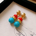 Detail shot of vintage earrings with gold shell metal, red and turquoise beads in a gift box - 24# Vintage Shell Texture Beaded Earrings - Gold-Green