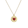 Collar dorado con colgante circular, corazón rojo e incrustaciones de circón brillante - Corazón Rojo Redondo