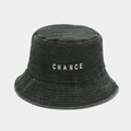 Detail view of washed cotton fabric and white CHANCE embroidery on dark grey bucket hat - M (56-58cm) / Army Green