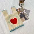 Knit tote bag in cream with a red heart and blue lettering for daily casual wear - Red (Heart)