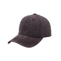 Macro detail of dark grey washed cotton baseball cap showing vintage texture and stitching - Brown