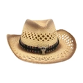 Straw cowboy hat in light beige with ethnic ribbon and metal bull skull pendant - One Size / Khaki 2 (Colorful Bull)