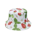 Close-up of white canvas bucket hat featuring realistic strawberry and floral patterns - M(56-58cm) / White