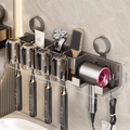 Grey gunmetal bathroom rack with four cups and hair dryer holder for four people - 4-Person · Solid Color Cup