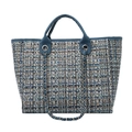 Detail view of large tweed bucket bag with blue contrast weave and metal chain strap - Blue