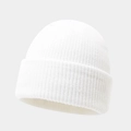 Close-up of a white ribbed knit beanie hat made of soft wool texture on a grey background - One Size / Bleached White