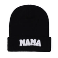 Detailed view of the MAMA embroidered patch on the cuff of a black knitted beanie cap - Black