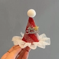 Sparkly red Christmas hat hair clip with Merry Christmas lettering and white mesh trim - Striped Lace Hat