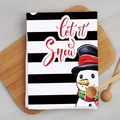 Microfiber Christmas kitchen towel with let it snow text and snowman on a wood board - Striped Let it Snow Snowman