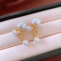 Elegant gold earrings featuring white pearls and rhinestone CD charm in a jewelry box - Gold CD Pearl Dangle