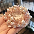 Pink faceted beads and faux pearls woven hair tie elastic bracelet with display card - Pink Crystal Pearl Scrunchie