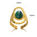 Bague soleil en acier doré avec pierre verte et texture martelée, dimensions 10x15mm - Ouvert Réglable / Style Cadre Martelé Turquoise Verte (JZ6348G-2)
