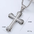 Detail view of a vintage silver stainless steel cross pendant with 47x31mm size markings - Retro Distressed Cross Style