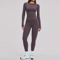 Donkerpaarse yoga set voor dames met top met lange mouwen en legging met hoge taille - S / Aubergine paars