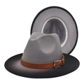 Detail view of ombre wool fedora with brown faux leather band and metallic buckle - M (56-58cm) / Light Gray + Black